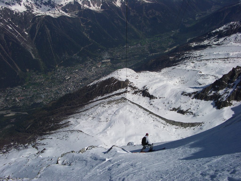 Seb under the Aiguille du Midi Cables